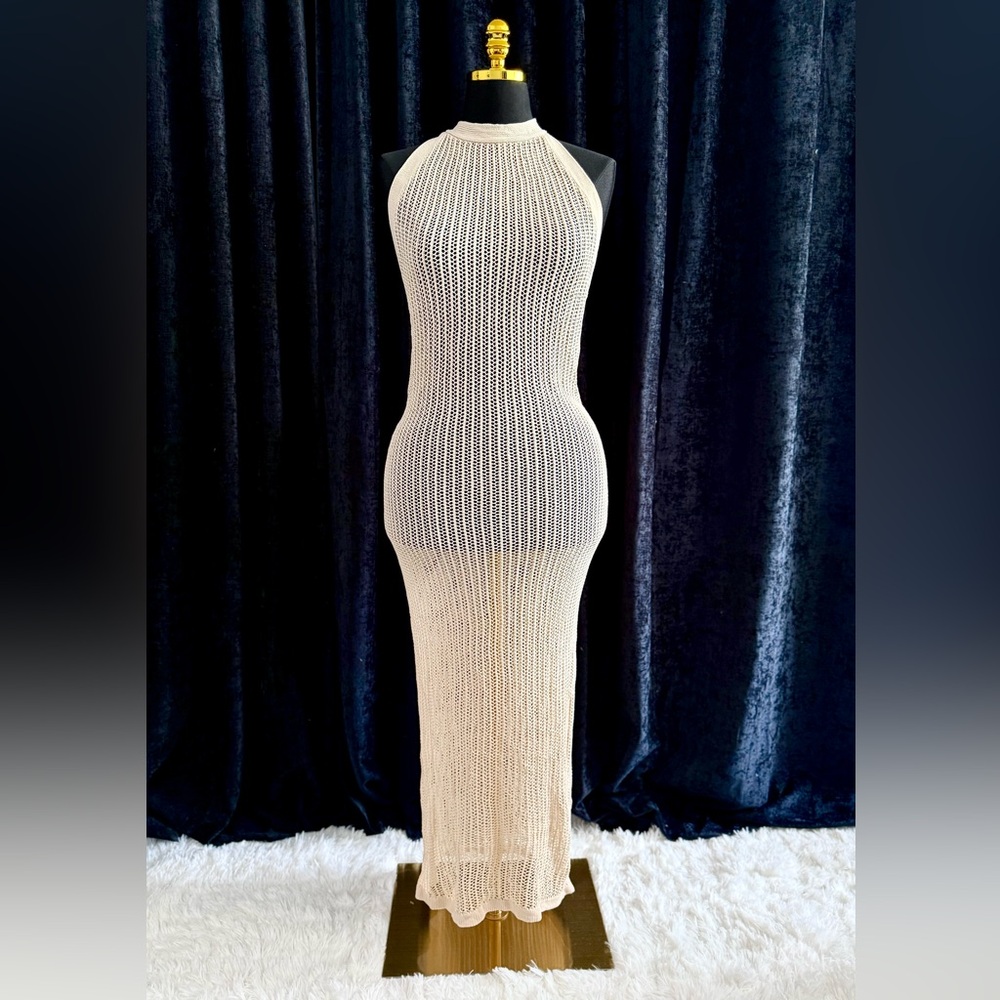 Fashion Nova | Cream Crochet Halter Maxi Dress coverup